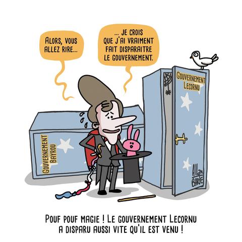 Dessin d'Allan BARTE, référence à un dessin précédent où Macron, habillé en magicien de spectacle, se vantait de pouvoir faire réapparaître le meme gouvernement de Bayrou à Lecornu.

Ici, la grande boîte magique de laquelle devait sortir le gouvernement Lecornu est vide, porte entrouverte et une toile d’araignée. 
Tenant un chapeau duquel dépasse un petit lapin rose, Macron transpire, embarrassé.  Sa baguette est au sol et de sa pochette sortent des mouchoir colorés noués les uns aux autres.
Macron dit : « Alors, vous allez rire... Je crois que j’ai vraiment fait disparaître le gouvernement.

Sous-Titre :   Pouf pouf magie ! Le gouvernement Lecornu a disparu aussi vite qu’il est venu ! » Une colombe perchée sur la boîte de droite renforce l’atmosphère de tour de magie 