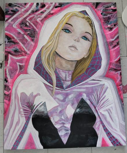 a painting of spider-gwen, with her hood up, looking at the viewer, her body glowing, her symbol appearing in pink and purple and blue energy behind her, she is looking at the viewer, her arms open, seen from her torso up
