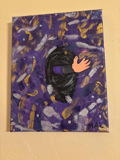 Gale’s hand, from an opening scene of Baldur’s gate 3. His hand is sticking out from a vortex of purple, gold, and silver magical energy