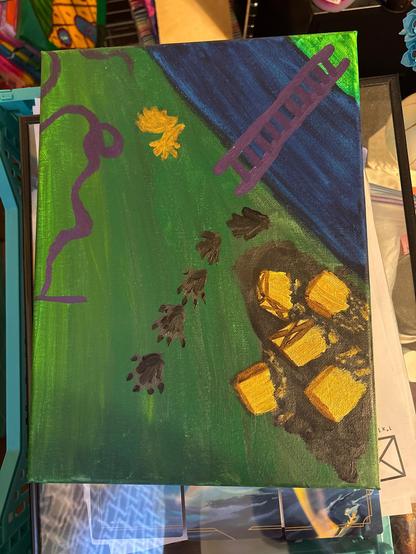 Death stranding inspired WIP. A porter was recently attacked by a BT, shown by lost packages (yellow n gold boxes) and black handprints. There is a chiral crystal (yellow gold) near a purple colored rope and a ladder crossing a river. 