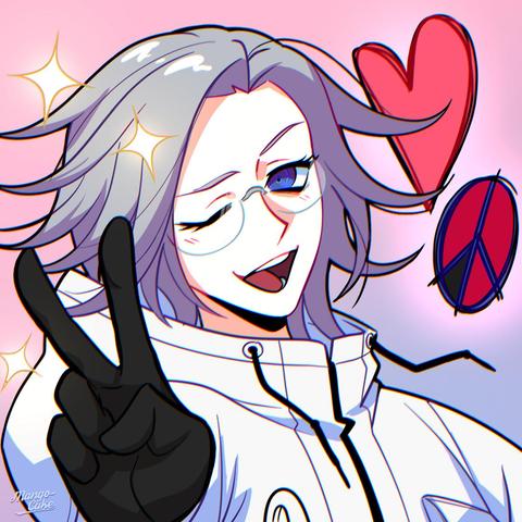 digital artwork of Eito Aotsuki from The Hundred Line: Last Defense Academy smiling and winking at the viewer. He his holding his right hand up in a v sign and is surrounded by sparkles and a heart and peace symbol