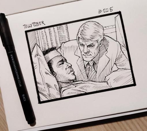 Photo of an ink drawng. Showing a scene from the tv show Mission Impossible