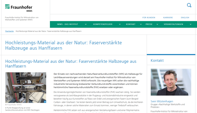 Artikel mit Bildern und Text

Der Einsatz von nachwachsenden Naturfaserverbundkunststoffen (NFK) als Halbzeuge für Leichtbauanwendungen wird derzeit am Fraunhofer-Institut für Mikrostruktur von Werkstoffen und Systemen IMWS erforscht. Die neuartigen NFK sollen die nachhaltige industrielle Verwendung biobasierter Verbundkunst-stoffe vorantreiben und können herkömmliche Faserverbundkunststoffe (FVK) ersetzen oder ergänzen.