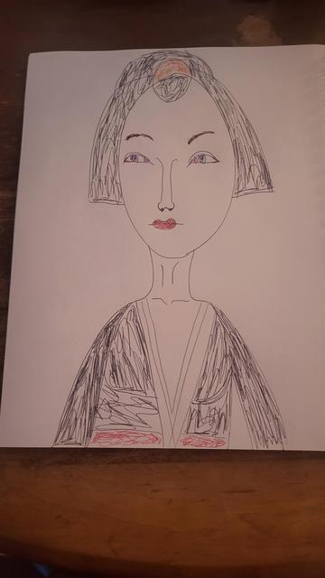 Blue-eyed Japanese geisha pen drawing
