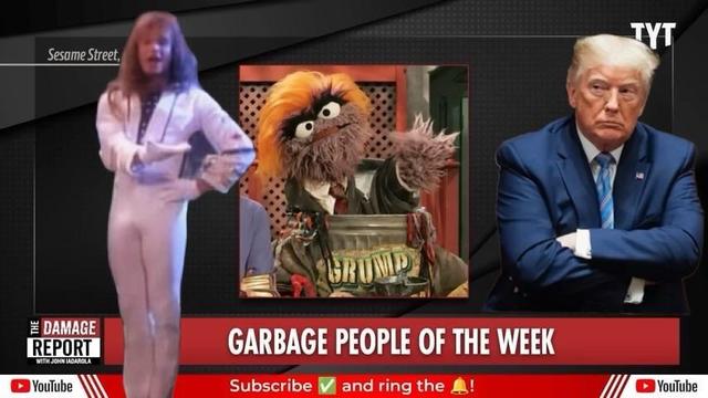 The image features a split layout with three main elements: on the left, a person performing in a white outfit; in the center, a puppet resembling a Muppet character with orange hair and a sign that reads "GRUMP"; on the right,