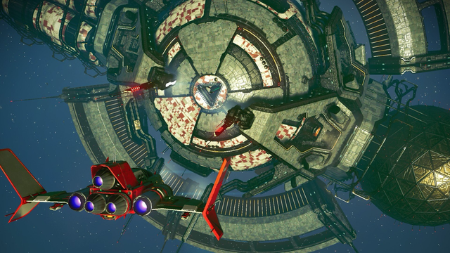 A sleek red starfighter approaches a massive circular space station from above, its weathered hull panels and geometric design floating against the starlit void of deep space.
