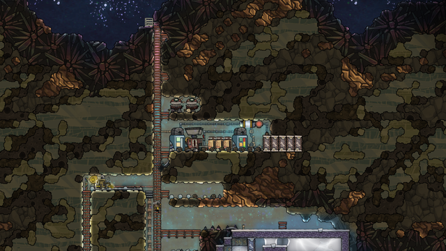 An Oxygen Not Included Screenshot: Way up in the space biome, the first metal refinery sits with liquid reservoirs on either side. The first one serves as a buffered supply for the input. The second serves as  buffer for a cooling loop. The cooling loop is nothing but running a few radiant pipes through some mechanical airlocks, with a liquid temperature sensor that keeps the liquid in the loop until it's cool enough to put back in the first reservoir.