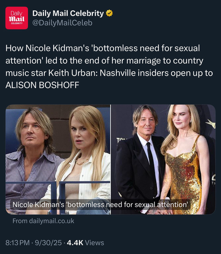 Tweet from Daily Mail Celebrity @DailyMailCeleb
How Nicole Kidman's 'bottomless need for sexual attention' led to the end of her marriage to country music star Keith Urban: Nashville insiders open up to
ALISON BOSHOFF
