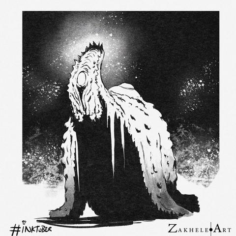 a ink drawing of a alien sentient startfish standon all fours. one of the five limps is raised up revealing an eye. 