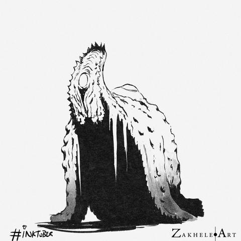 a ink drawing of a alien sentient startfish standon all fours. one of the five limps is raised up revealing an eye. 