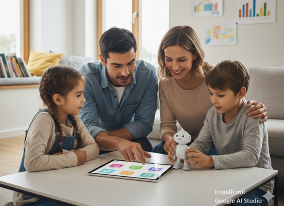 KI-generiertes Bild einer Familie mit Tablet und Roboter
