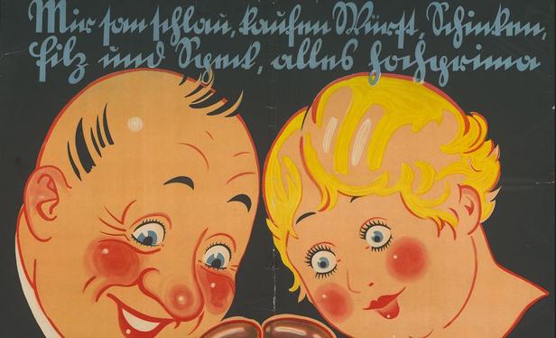 Ausschnitt aus einem in der Fleisch!-Ausstellung des Wien Museum gezeigten Plakat, über zwei glücklichen Köpfen zwei Zeilen Text, die es zu entziffern gilt; Tipps: Die ersten zwei Worte sind Wienerisch, das erste Wort in der zweiten Zeile ist ein österreichischer Fachbegriff für ein Fleischteilstück, in der zweiten Zeile entspricht der zweite Buchstabe des dritten Worts dem fünften Buchstaben des letzten Worts. Die Bildbeschreibung im Online-Standard kann ebenfalls von Nutzen sein: https://www.…
