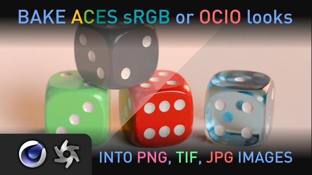 This is a video thumbnail for YouTube. Showing the text "Bake ACES sRGB or OCIO looks into PNG, TIF, JPG Images. It shows a split A / B comparison of a render of some dice. Which the upper left is washed out with little contrast (sRGB) and the lower right with colors popping and perfect contrast (OCIO AgX)