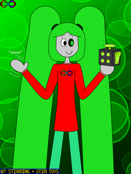 AUCTOBER 2025
07: Stimming + Stim Toys
Technetium happily stims with her right hand while she holds a black fidget cube with four green buttons, a green thumbstick and a green off/on switch - each on different sides. The background is green with bubbles floating about.