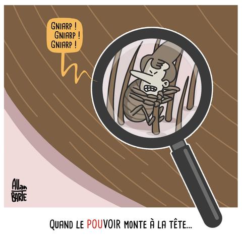 
Dessin d'Allan BARTE.

Une vue agrandie d’un cuir chevelu montre, sous une loupe, un pou avec le visage d’Emmanuel Macron.
Il est cramponné à un cheveu avec une expression crispée, les dents serrées, comme s’il refusait de lâcher prise.
Il crie « Gniarp ! Gniarp ! Gniarp ! ». 

Sous-titre :  « Quand le POUVOIR monte à la tête… »
(avec le mot “POU” en rouge pour faire ressortir le jeu de mots entre “pou” et “pouvoir”)
