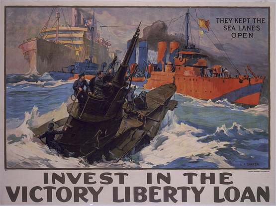Wartime poster with an illustration of a (most likely) German u boat clashing with an American warship. There's a commercial vessel in the far background and the implication is the war ship is guarding it from the u boat.

Captions say:

"They keep the sea lanes open"

and

"Invest in the victory Liberty Loan"

and also a signature by L.A. Shafer