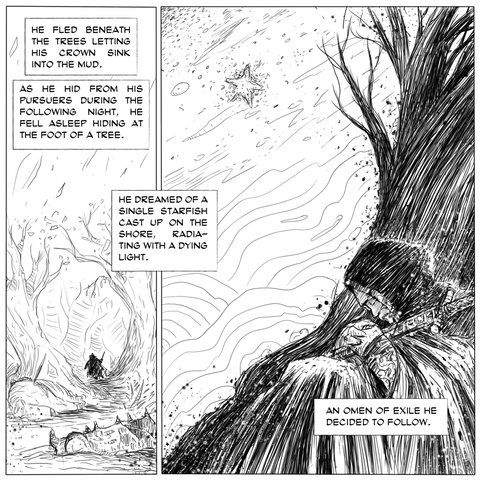 a fantasy comics draw in white and black of traveller fleeing battle then dreaming of a starfish