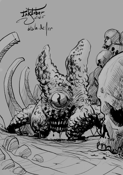 Un Etoile de mer avec des grandes dents et un oeil menaçant. Entourée d’ossement humains