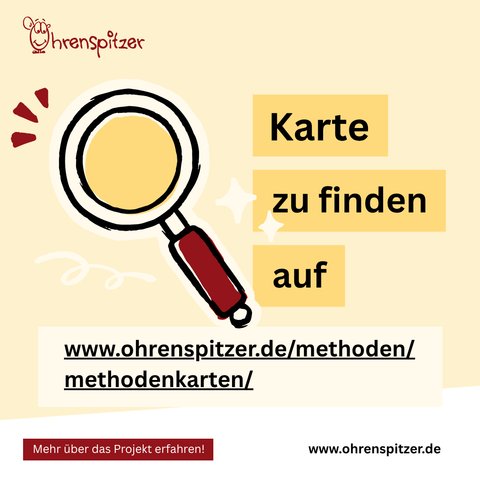 Links ist eine große Lupe zu sehen. Rechts davon steht "Karte zu finden auf www.ohrenspitzer.de/methoden/methodenkarten/"