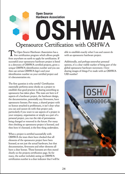 A screenshot of the first page of an article on certifying opensource hardware projects with OSHWA. Theres the OSHWA logo at the top of the page, lots of text and a picture of a certified design which is a small hexagonal rocket. 
