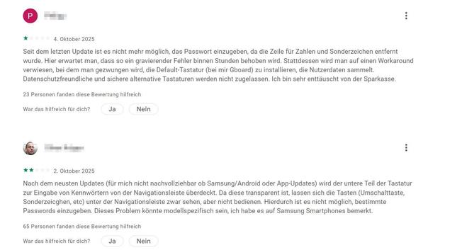 Screenshot aus dem Google Playstore mit Fehlermeldungen zur Sparkassen-PushTAN-App.