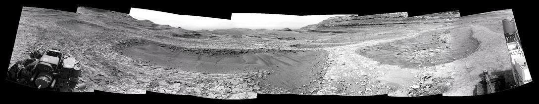 A mosaic of nine black and white images capturing the boxwork structure on the slopes of Mont Sharp in Gale Crater.