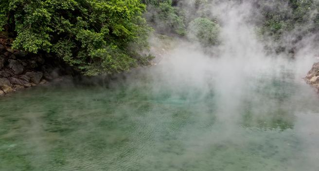 Hot steam from thermal springs rising above a pool with greenery in the background.