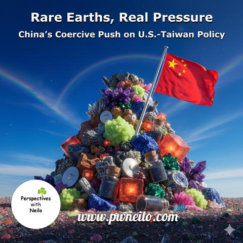 Picture exemplifies a pile of rare earth materials with a Chinese flag planted in the middle symbolizing China's monopoly on the rare earth industry. Our latest podcast examines how China is reportedly using this leverage in trade talks with the US to isolate Taiwan.
Listen at www.pwneilo.com or by searching for Perspectives with Neilo wherever you get your podcasts.