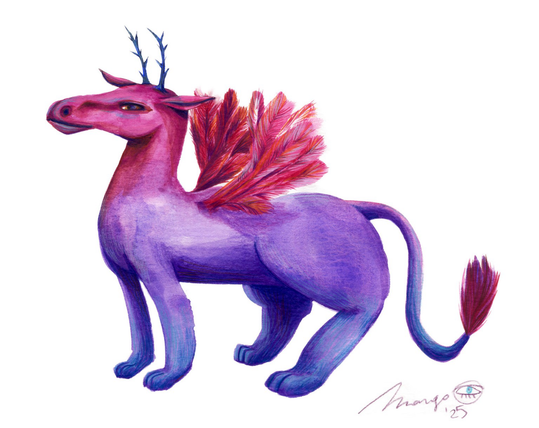A creature painted on a white background. It is a horse-reindeer-lion mix. It has a purple body and pink head, plus reddish-pink wings like feather. It standing, looking dignified. 