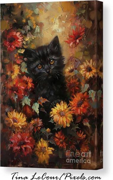 This is a canvas of an adorable black kitten posing in some colorful autumn flowers. 