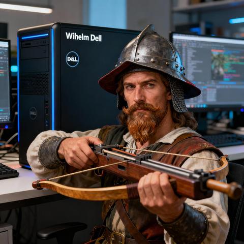 Ein Foto von Wilhelm Tell vor einem seiner ersten PCs mit dem Namen Wilhelm Dell.
Wilhelm Tell trägt auf dem Bild sein klassisches Outfit mit Helm und Armbrust.