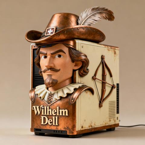 Bild eines PC mit einem sehr speziellen Gehäuse. Auf der Front ist groß eine Büste von Wilhelm Tell, und auf der Seite ist ein Bogen zu sehen. Die Büste trägt einen Hut mit breiter Krempe, Schweizer Logo und einer langen Felder.