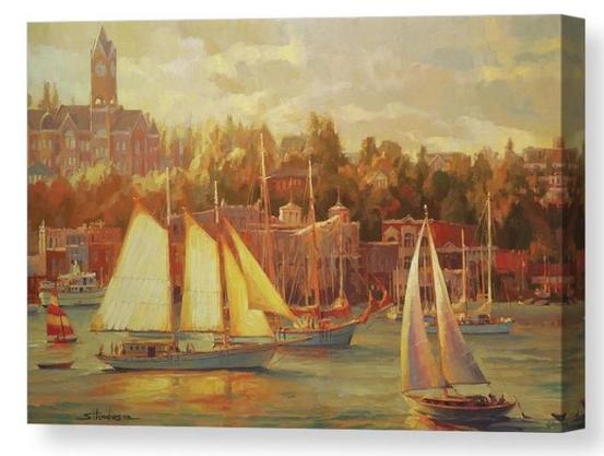 Canvas print of an original oil painting depicting a group of sailboats gliding across a small harbor.