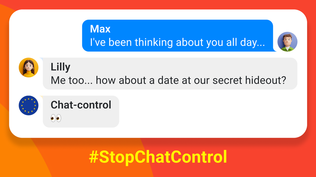 Private chat of to individuals with Chat-control jumping into the conversation and the hashtag StopChatControl