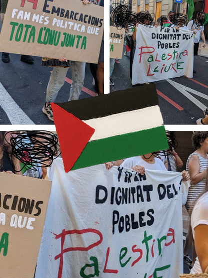 Collage de tres fotografías tomadas durante una manifestación en una calle del centro de la ciudad. Varias personas sostienen pancartas con mensajes en cartón y tela: “44 embarcacions fan més política que tota l’ONU junta” y “Per la dignitat dels pobles. Palestina lliure”. En el centro se superpone una bandera de Palestina hecha con trozos de cartulina rasgada, en rojo, blanco, verde y negro. Los rostros cubiertos con rallas negras.