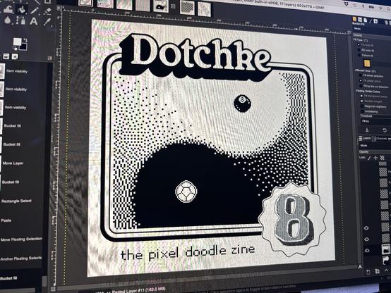 a screenshot of the free image software GIMP showing a mockup of the cover of Dotchke #8. a yin yang symbol has been rotated and cropped with pixel dithering fading back to middle gray down the ‘tails’ of the two main shapes. an 8ball forms the black dot on the white side and a dodecahedron forms the white dot on the black side. the logotype feels bolder and more solid.