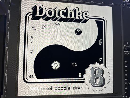 a screenshot of the free image software GIMP showing a mockup of the cover of Dotchke #8. a yin yang symbol has been rotated and cropped with tiny reverse-colored pixel icon images in the ‘tails’ of the two main shapes. an 8ball forms the black dot on the white side and a dodecahedron forms the white dot on the black side.