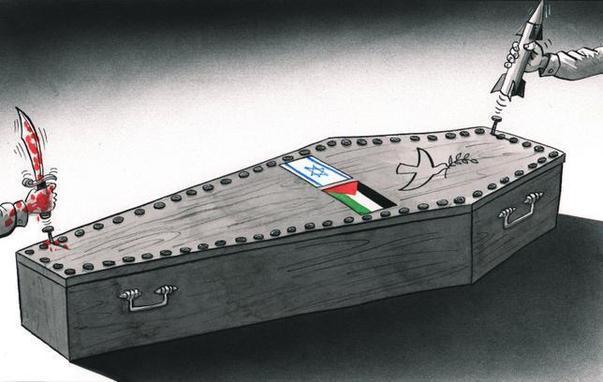 Dessin : un cercueil avec sur le couvercle, côte à côte, le drapeau israélien et le drapeau palestinien. La colombe de la paix est gravée sur le couvercle. Une main ensanglantée tient un sabre qui frappe un clou. A l'opposé, une main tient un missile et enfonce un clou.