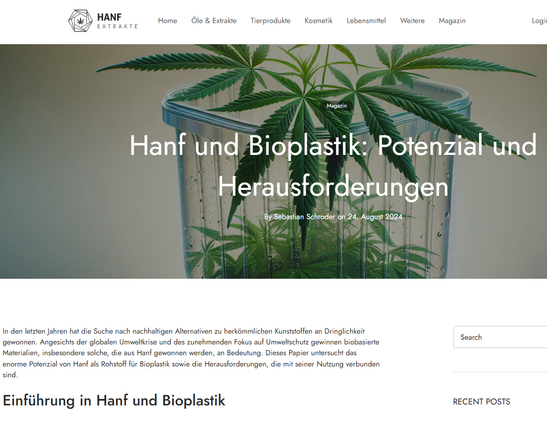 Screenshot Oktober 2025 - Bild einer Cannabispflanze und Text 

In den letzten Jahren hat die Suche nach nachhaltigen Alternativen zu herkömmlichen Kunststoffen an Dringlichkeit gewonnen. Angesichts der globalen Umweltkrise und des zunehmenden Fokus auf Umweltschutz gewinnen biobasierte Materialien, insbesondere solche, die aus Hanf gewonnen werden, an Bedeutung. Dieses Papier untersucht das enorme Potenzial von Hanf als Rohstoff für Bioplastik sowie die Herausforderungen, die mit seiner Nutzung verbunden sind.

Einführung in Hanf und Bioplastik
Hanf (Cannabis sativa) ist eine der ältesten Kulturpflanzen der Welt und wird seit Jahrtausenden für verschiedene Zwecke, wie beispielsweise Textilien, Nahrung und Medizin, genutzt. Aufgrund seiner robusten Eigenschaften und seiner Fähigkeit, auf nährstoffarmen Böden zu wachsen, gilt Hanf als nachhaltige Kulturpflanze.

Bioplastik hingegen ist eine Kategorie von Kunststoffen, die aus erneuerbaren biologischen Quellen hergestellt werden. Diese Materialien können entweder biologisch abbaubar oder biobasiert sein, wobei letztere nicht unbedingt kompostierbar sind. Das Wachstum des Bioplastikmarktes ist ein direktes Ergebnis des Drucks, der auf industrielle Praktiken ausgeübt wird, um umweltfreundlichere Produkte zu entwickeln.

Die Vorteile von Hanf als Rohstoff