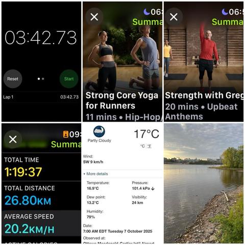 Grid of iOS screenshots and a photo:
1) Timer app showing 03:42.73.

2) Apple Fitness Strong Core Yoga for Runners, 11 mins.

3) Apple Fitness Strength with Gregg, 20 mins.

4) Apple Fitness Cycling Details:
Total Time: 1:19:37.
Total Distance: 26.8 KM.
Average Speed: 20.2 KM/H.

5) Environment Canada site showing 17°C, 79% humidity, and 9 KM/H wind.

6) Photo of the north shore of the Ottawa River, looking south. Sky is cloudy with the sunrise on the far left, reflecting on the water, with the northern shore on the right with trees.