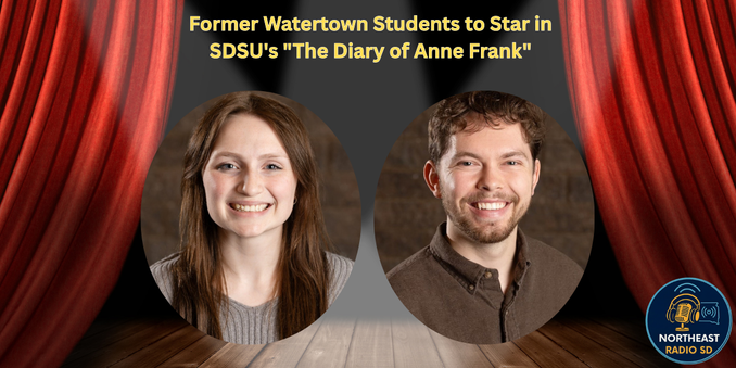 Two smiling individuals on stage with red curtains. Text: "Former Watertown Students to Star in SDSU's 'The Diary of Anne Frank'."