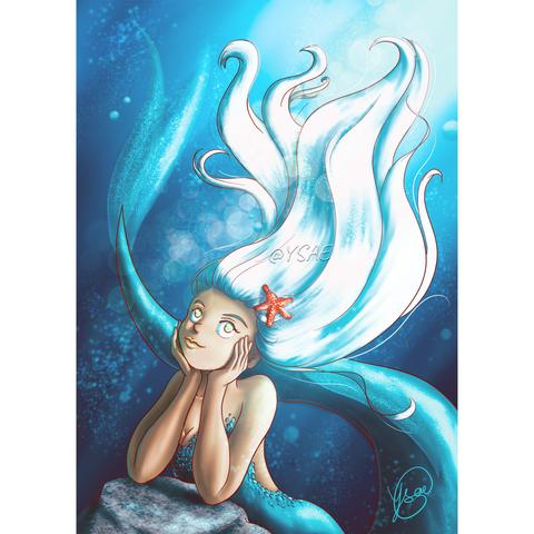 Dessin numérique représentant une sirène très fière de sa barrette en forme d'étoile de mer.