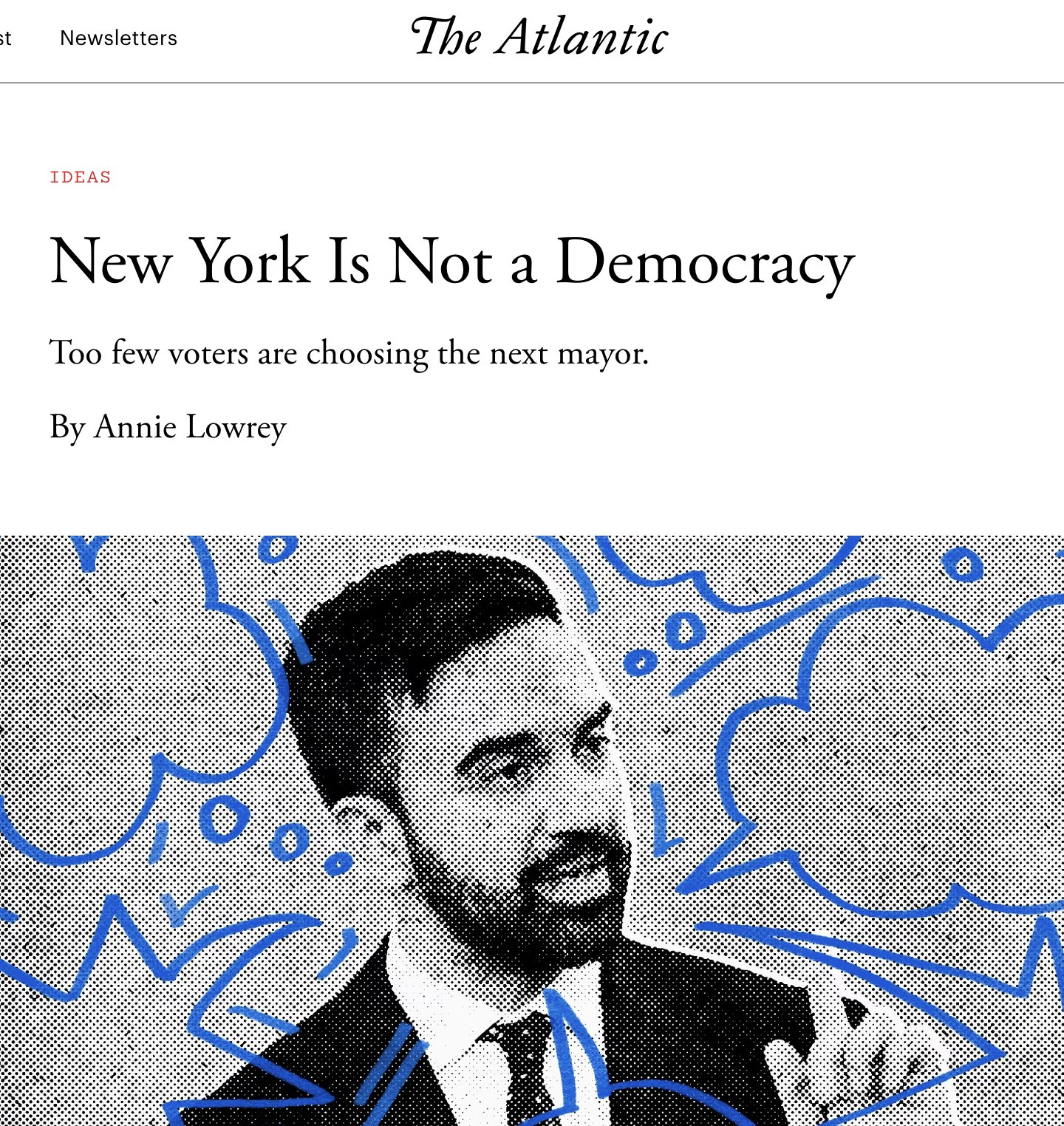 Screenshot of Atlantic article "New York Is Not a Democracy" by Annie Lowrey.
