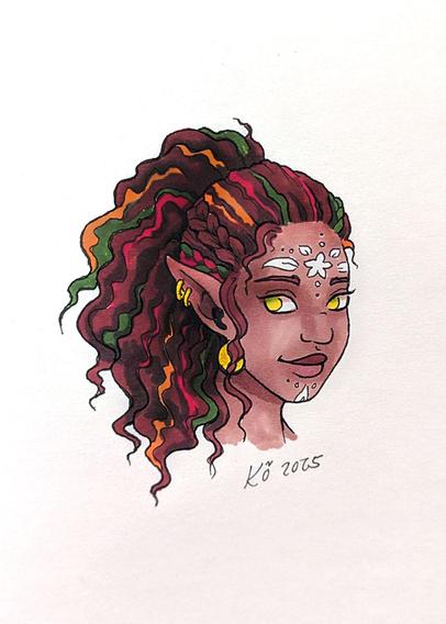 ink pen and markers drawing of a wood elf with brown skin, long dark brown hair with green and orange streaks. She has gold-green eyes and a white flower tattoo on her forehead