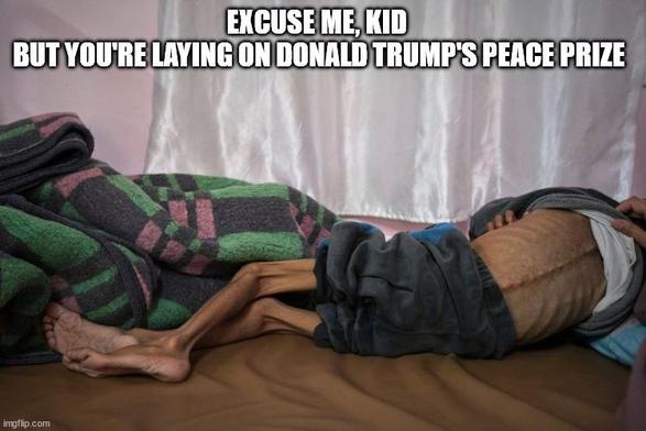 starving Palestinian boy with ribs and spine pushing through receding flesh, lays on his side in near fetal position. The caption above reads: "excuse me kid, but you're laying on Donald Trump's Peace Prize"
