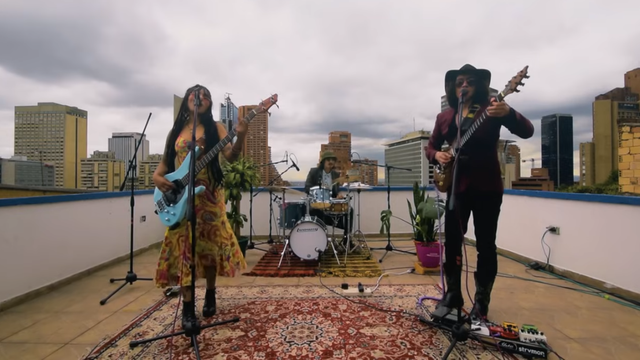 band playing on a rooftop