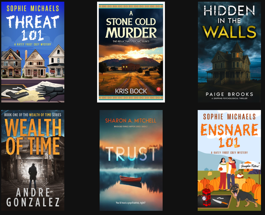  Six book covers on a black background. They include several with  spooky houses in the distance, including A Stone Cold Murder: Reluctantly Psychic Murder Mystery Book 1 by Kris Bock.