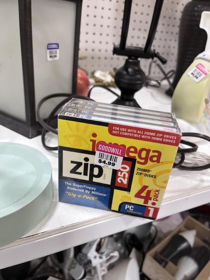 An unopened package of 250 meg Zip Disks found at a Goodwill