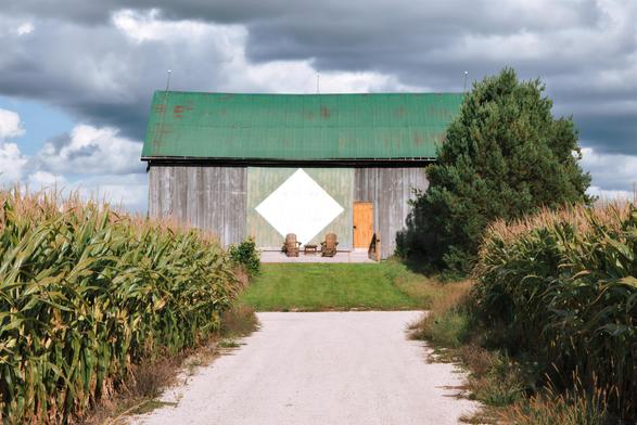 Eye-level photograph of a rural scene, centered on a large, weathered barn. A gravel path leads from the foreground toward the barn, flanked on both sides by fields of tall, green corn. The barn itself has grey wood siding and a green metal roof. A large, solid white diamond is painted on its front. Below the diamond, two wooden chairs sit on a small deck. A large evergreen tree stands to the right of the barn, under a sky filled with heavy grey clouds and patches of blue. (Boho Beaver, Ontario, Canada)