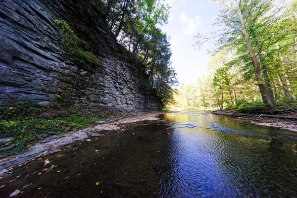 A rock face fills up the left half of the frame,  below it and to the right a shallow creek with a yellow and green bank of trees behind it